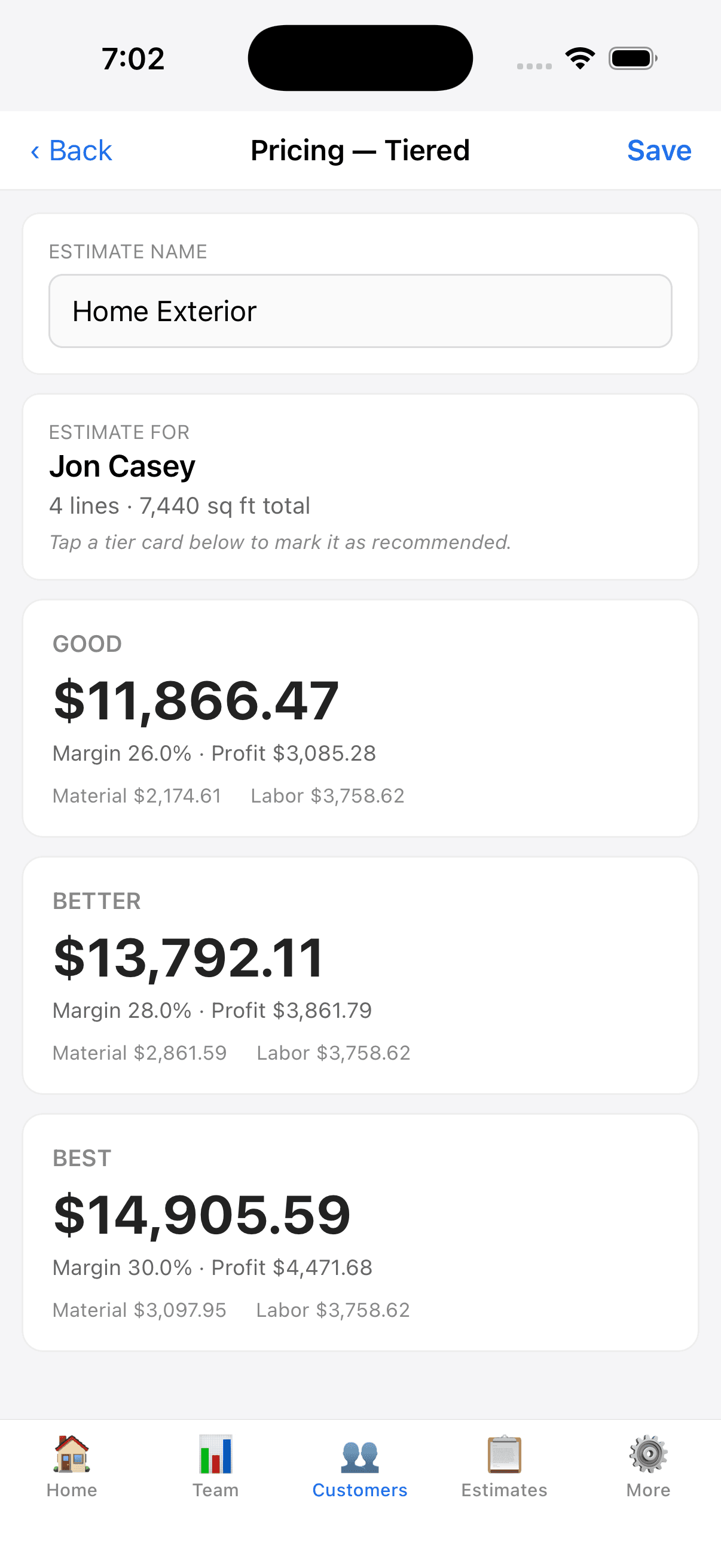 Topcoat pricing a job three ways: Good, Better and Best